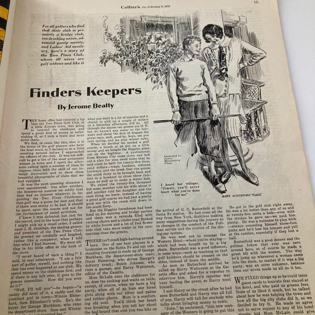 Article page from VTG Collier's Magazine February 8 1930 titled 'Finders Keepers' by Jerome Beatty, depicting a conversation between two characters.