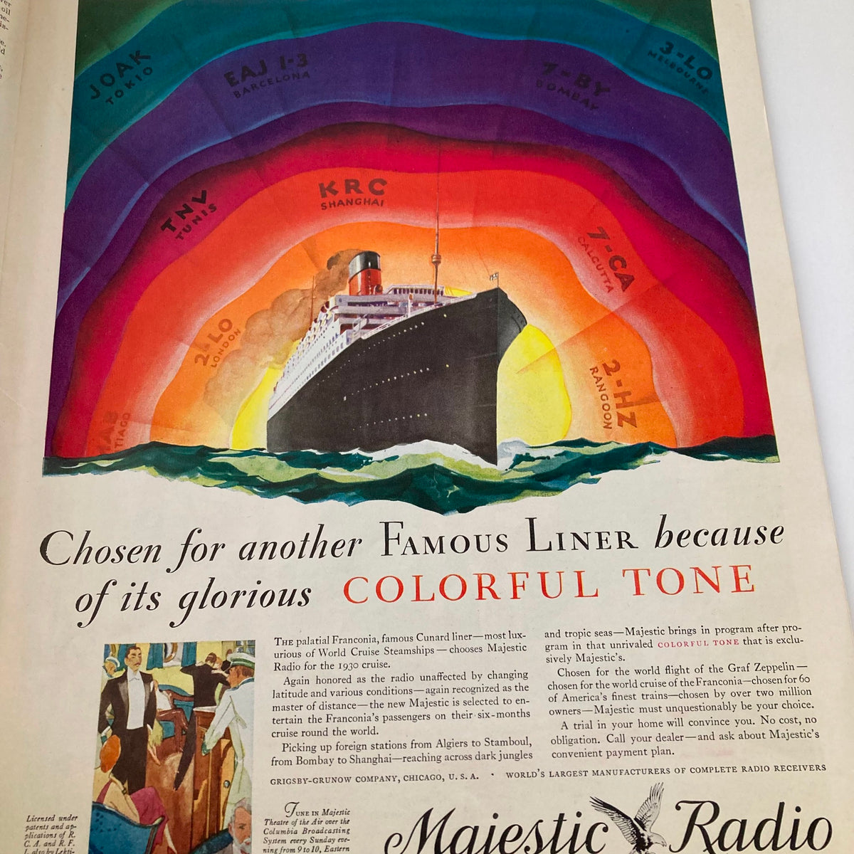 VTG Collier's Magazine February 8 1930 cover featuring a ship and colorful waves advertising Majestic Radio, showcasing the innovation of radio communication.