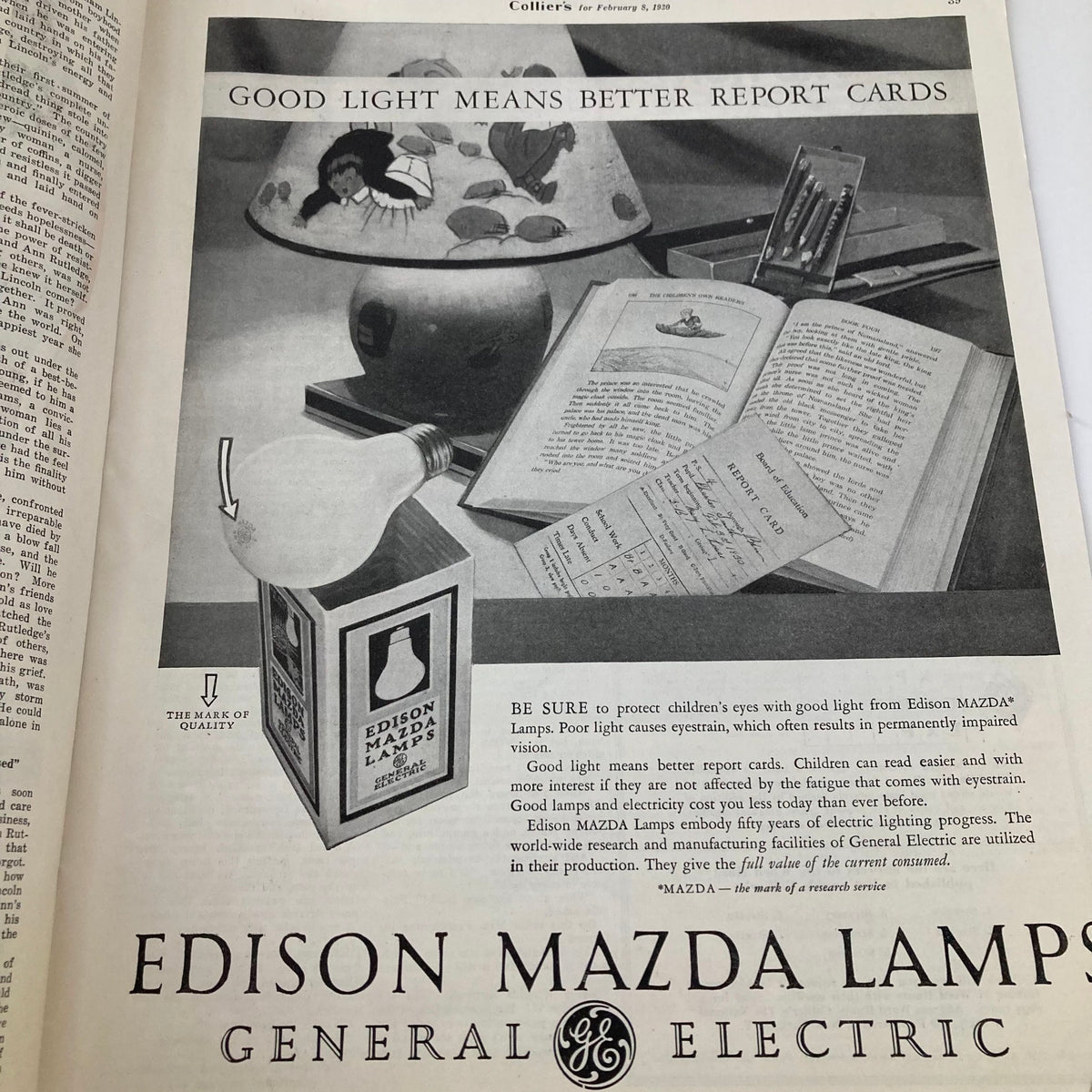VTG Collier's Magazine February 8 1930 advertisement for Edison Mazda Lamps, highlighting the importance of good lighting for children's education with a lamp and report cards.