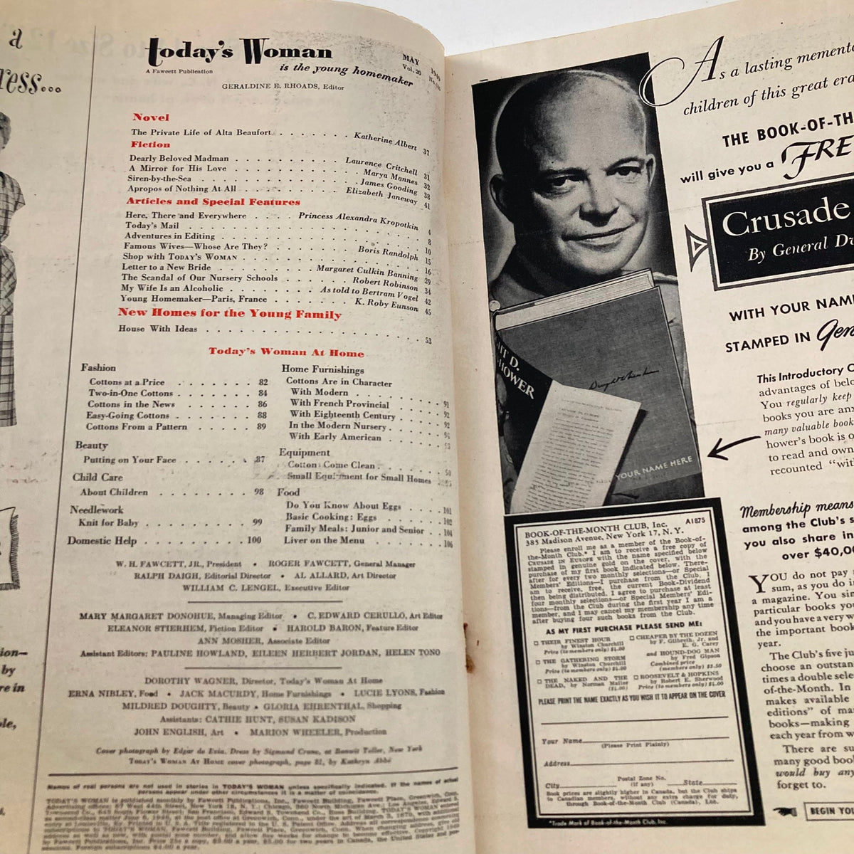 Interior page of Today's Woman Magazine May 1949, showcasing the table of contents and articles on fashion, home furnishings, and advice for young homemakers.