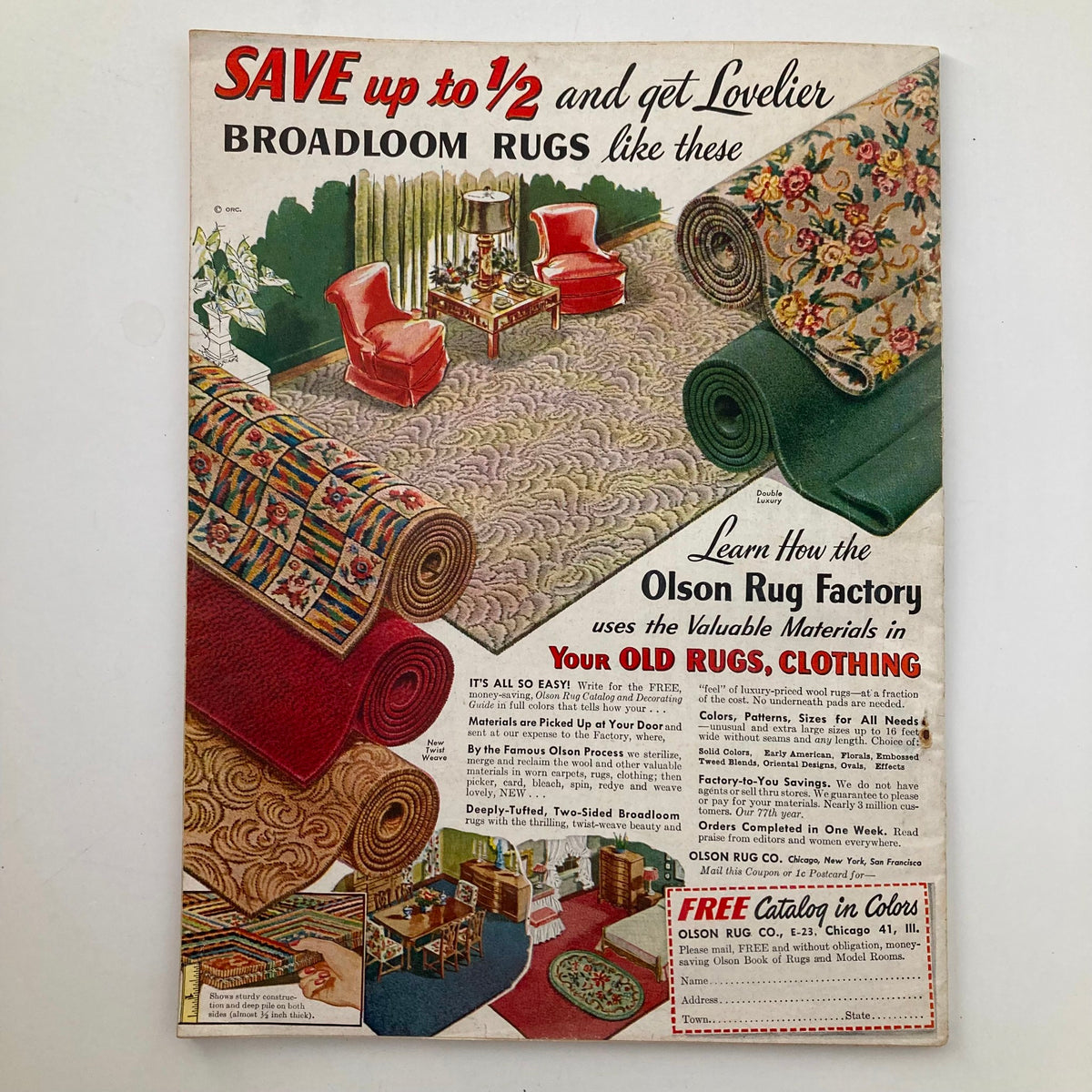 Advertisement page from February 1951 Every Woman's Magazine featuring a sale on brocade rugs, demonstrating the vintage aesthetic of the era.