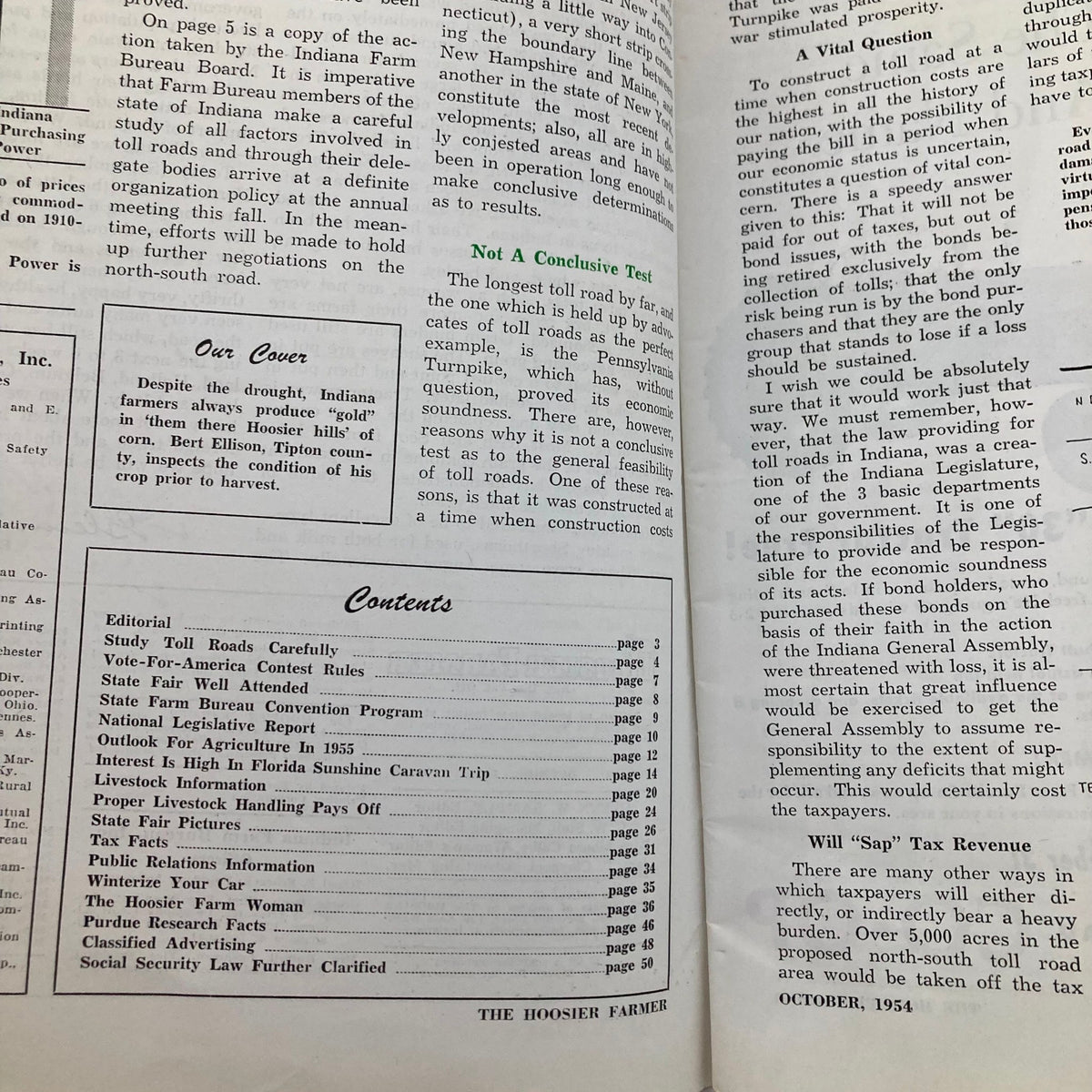 Interior page of VTG The Hoosier Farmer Magazine October 1954, showcasing the contents and articles, including historical insights into Indiana's farming practices.