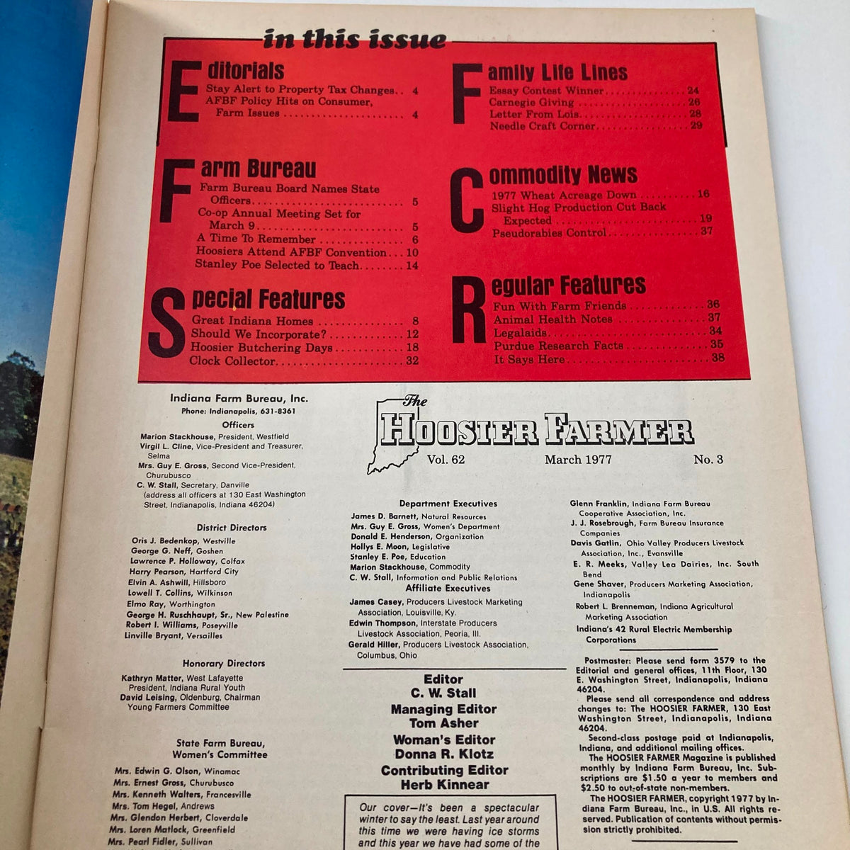Inside page of VTG The Hoosier Farmer Magazine March 1977 featuring the table of contents, highlighting articles on agriculture, farm policies, and community events relevant to Indiana farmers.