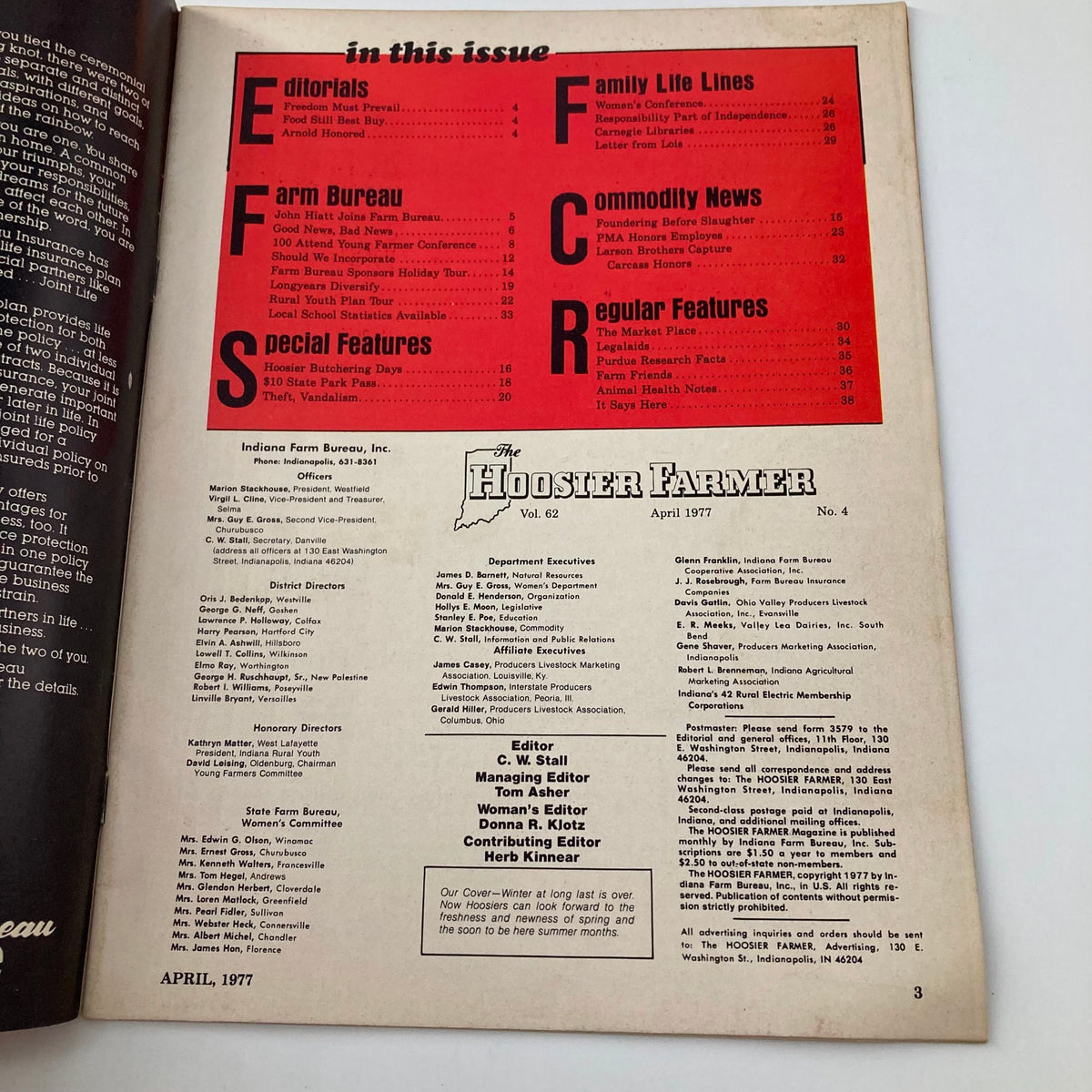Inside page from VTG The Hoosier Farmer Magazine April 1977, showing table of contents and editorial information, highlighting farm-related articles and features.