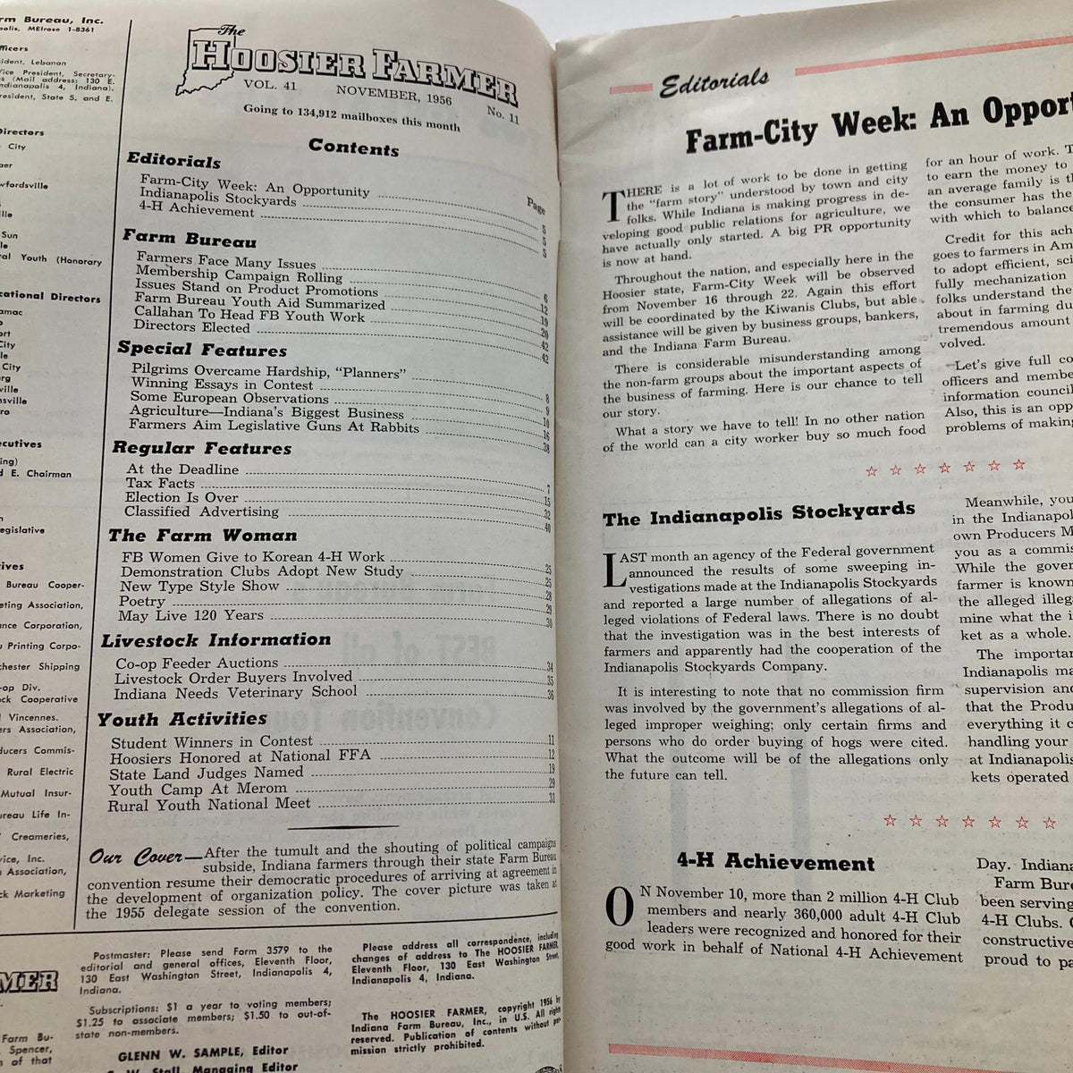 Interior page of VTG The Hoosier Farmer Magazine November 1956 showing the table of contents and editorials.
