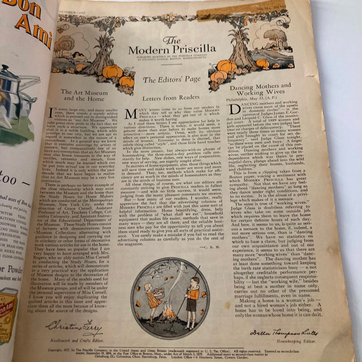 The Editors' Page of VTG Modern Priscilla Magazine, October 1927, featuring letters from readers and articles on home and art.
