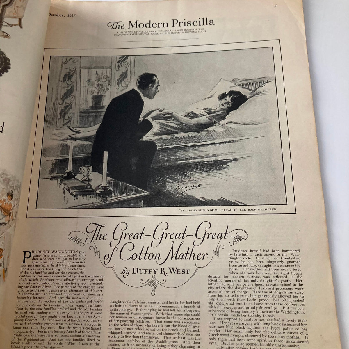 Article titled 'The Great-Great-Great of Cotton Mather' in VTG Modern Priscilla Magazine, October 1927, presenting a narrative on Cotton Mather's influence.