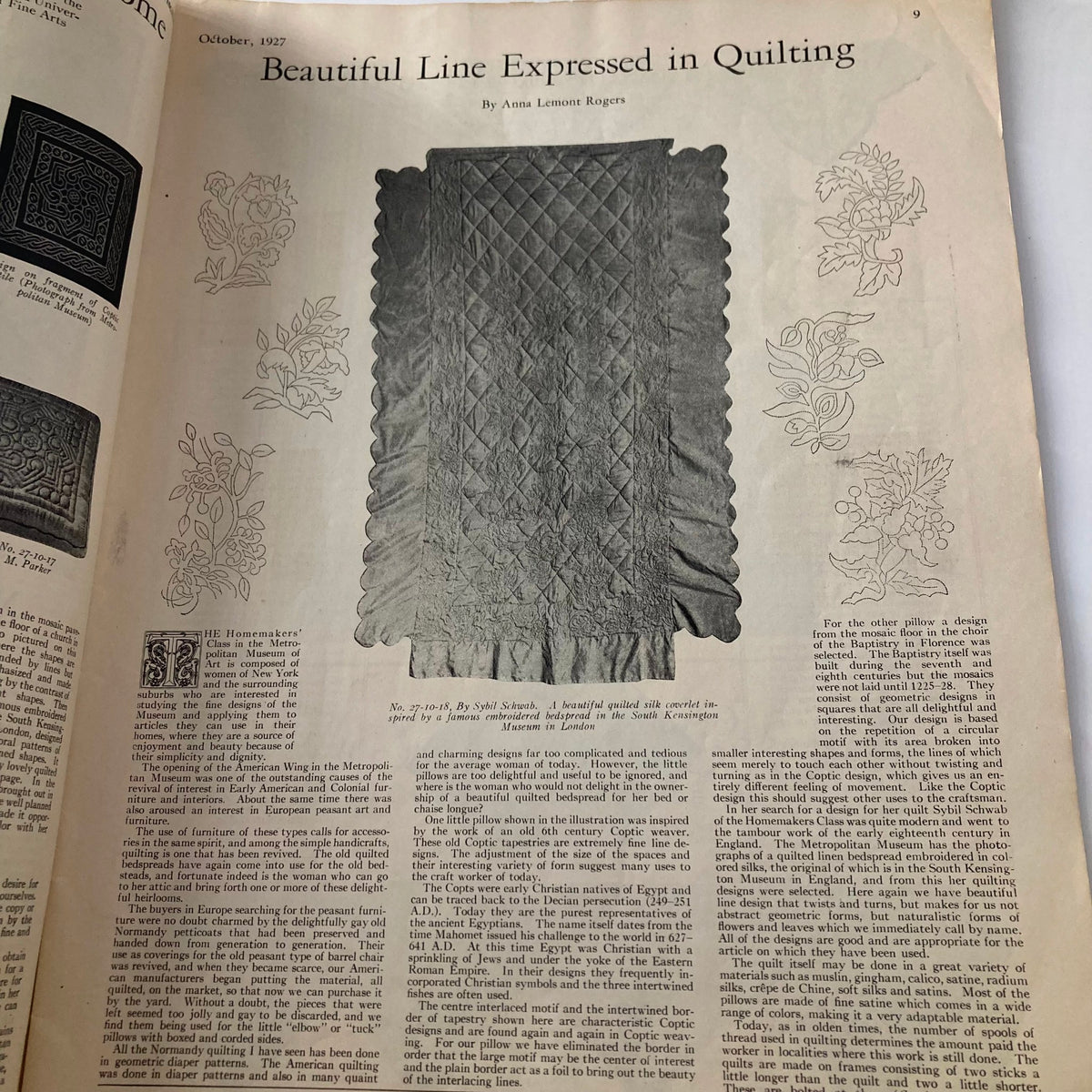 Article on quilling techniques titled 'Beautiful Line Expressed in Quilting' in VTG Modern Priscilla Magazine, October 1927, highlighting quilting patterns.