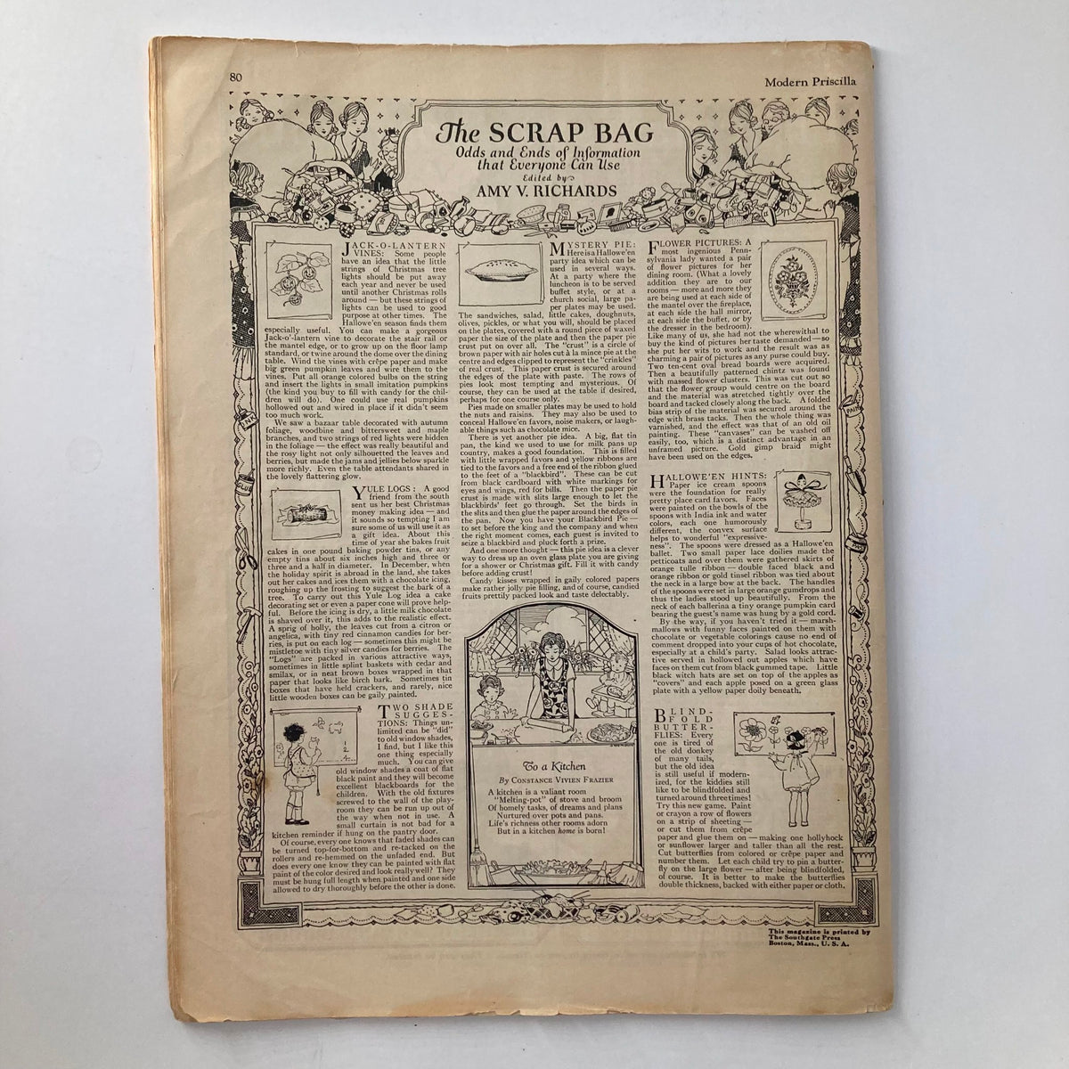 The Scrap Bag section of VTG Modern Priscilla Magazine, October 1927, showcasing crafts and creative projects.