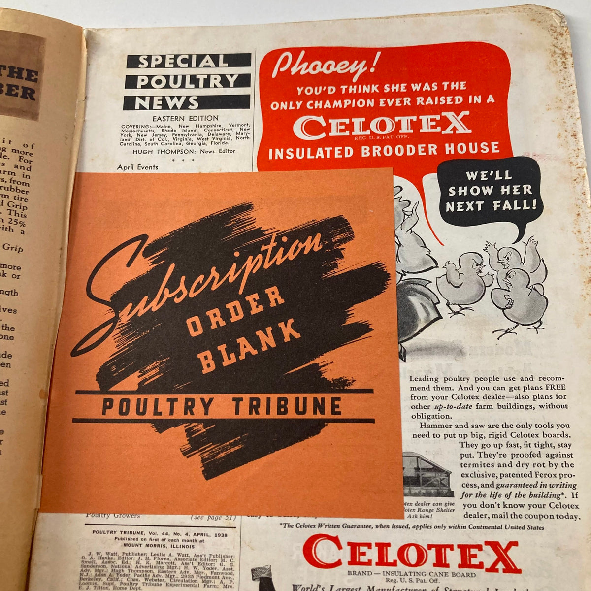 Interior page of Poultry Tribune Magazine April 1938 displaying a subscription order form and advertisements, showcasing poultry industry information and networking.