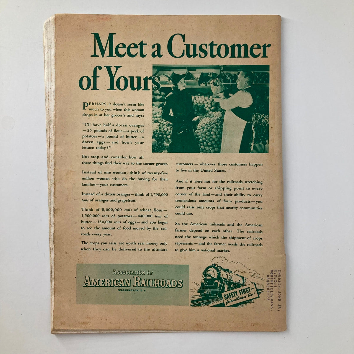 Poultry Tribune Magazine April 1938 - Image showcasing an article titled 'Meet a Customer of Yours', featuring an illustrated grocery scene highlighting the importance of agriculture and railroads in food distribution.