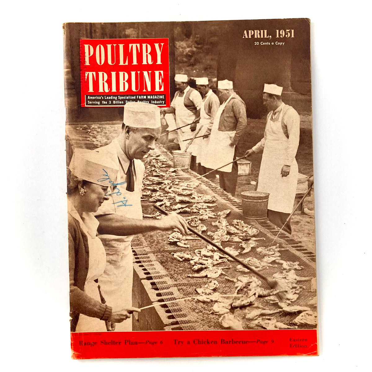 Cover of Poultry Tribune Magazine April 1951 featuring a range shelter plan and a scene of people cooking chicken outdoors. The cover displays historical context relevant to poultry farming.