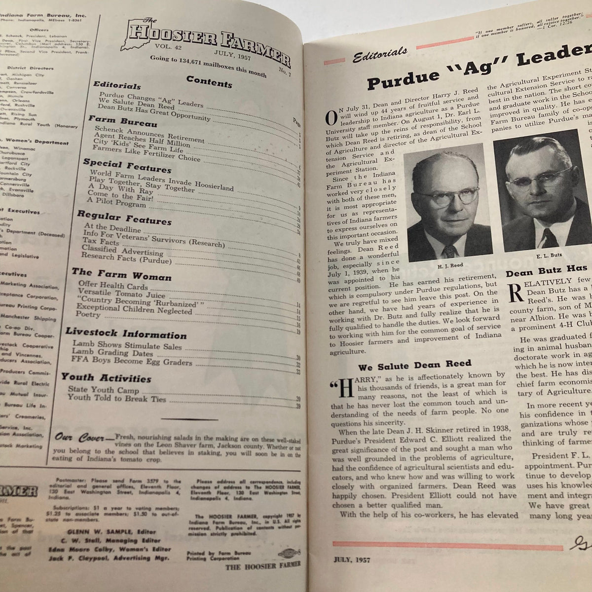 Interior page of VTG The Hoosier Farmer Magazine July 1957, showcasing editorial contents and articles about farming and local agriculture.