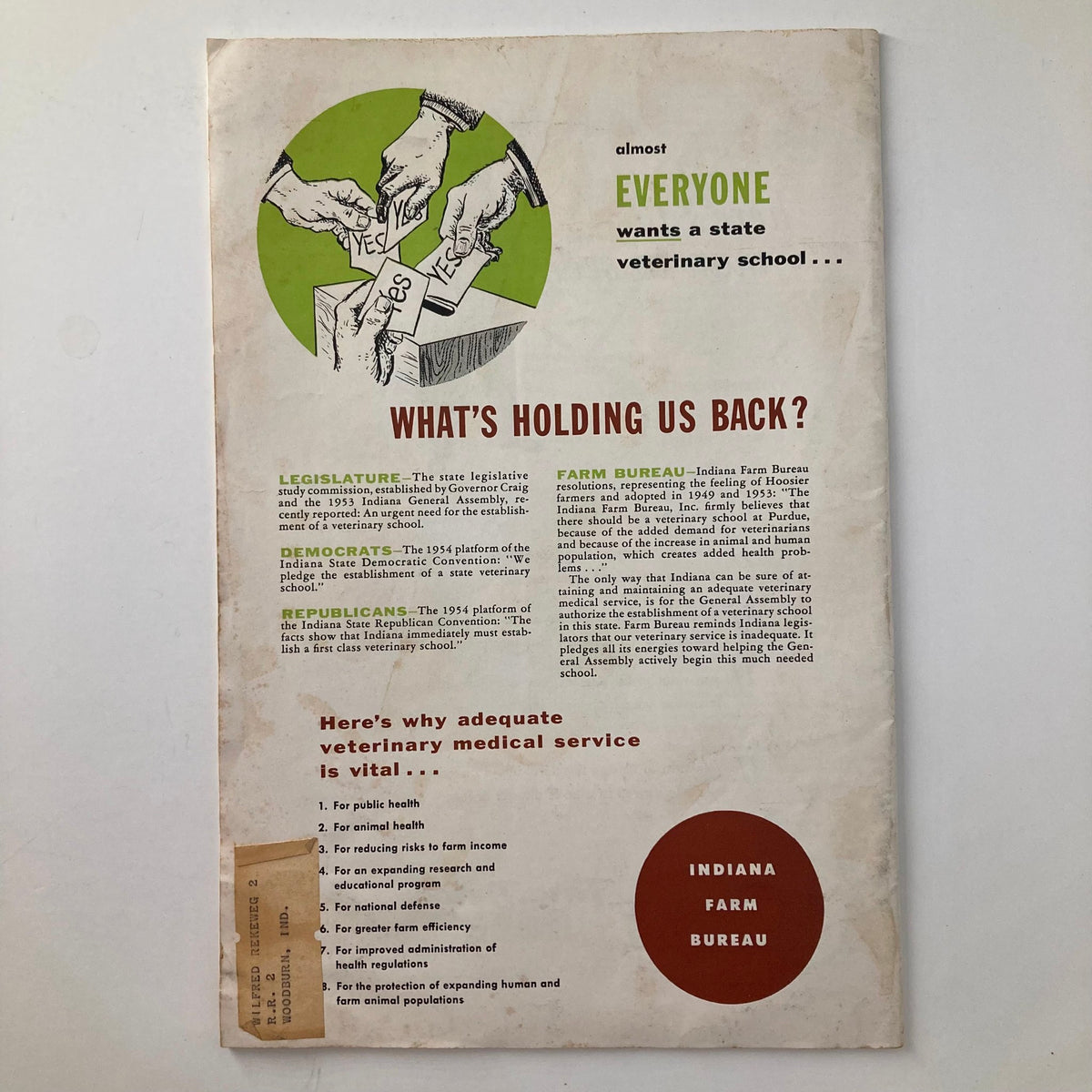 Back page of VTG The Hoosier Farmer Magazine September 1954 discussing the demand for a state veterinary school and related agricultural matters.