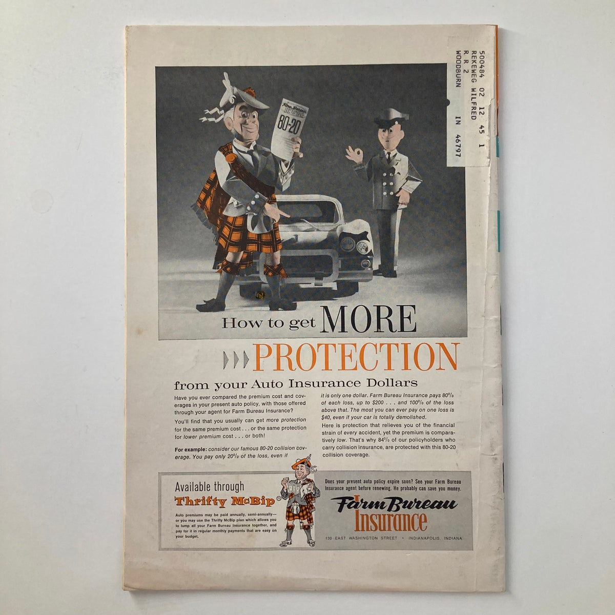 Vintage advertisement from VTG The Hoosier Farmer Magazine May 1964 showcasing auto insurance options, featuring two cartoon characters promoting protection for auto insurance dollars.