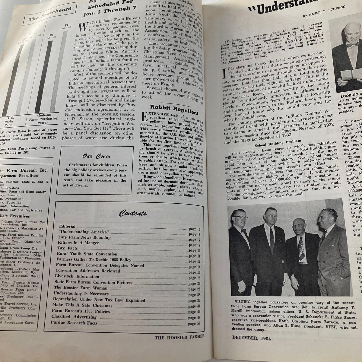 Interior pages of VTG The Hoosier Farmer Magazine December 1954, showcasing articles and content related to Christmas traditions and community highlights.