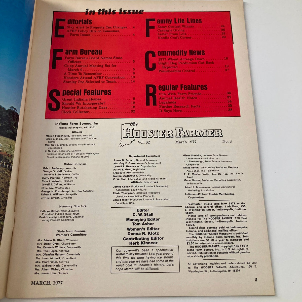 Vintage The Hoosier Farmer Magazine March 1977 issue featuring the editorial and table of contents page, discussing the worst cold in Indiana's history.