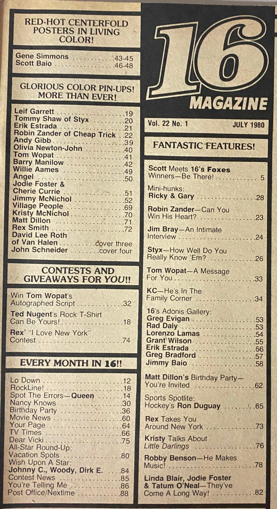 Contents page of 16 Magazine July 1980, listing features, interviews, and contests including Gene Simmons and Scott Baio.