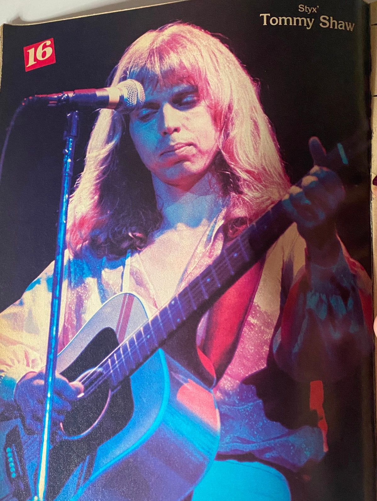 Image of Tommy Shaw singing in 16 Magazine July 1980, highlighting musical stars of the era.