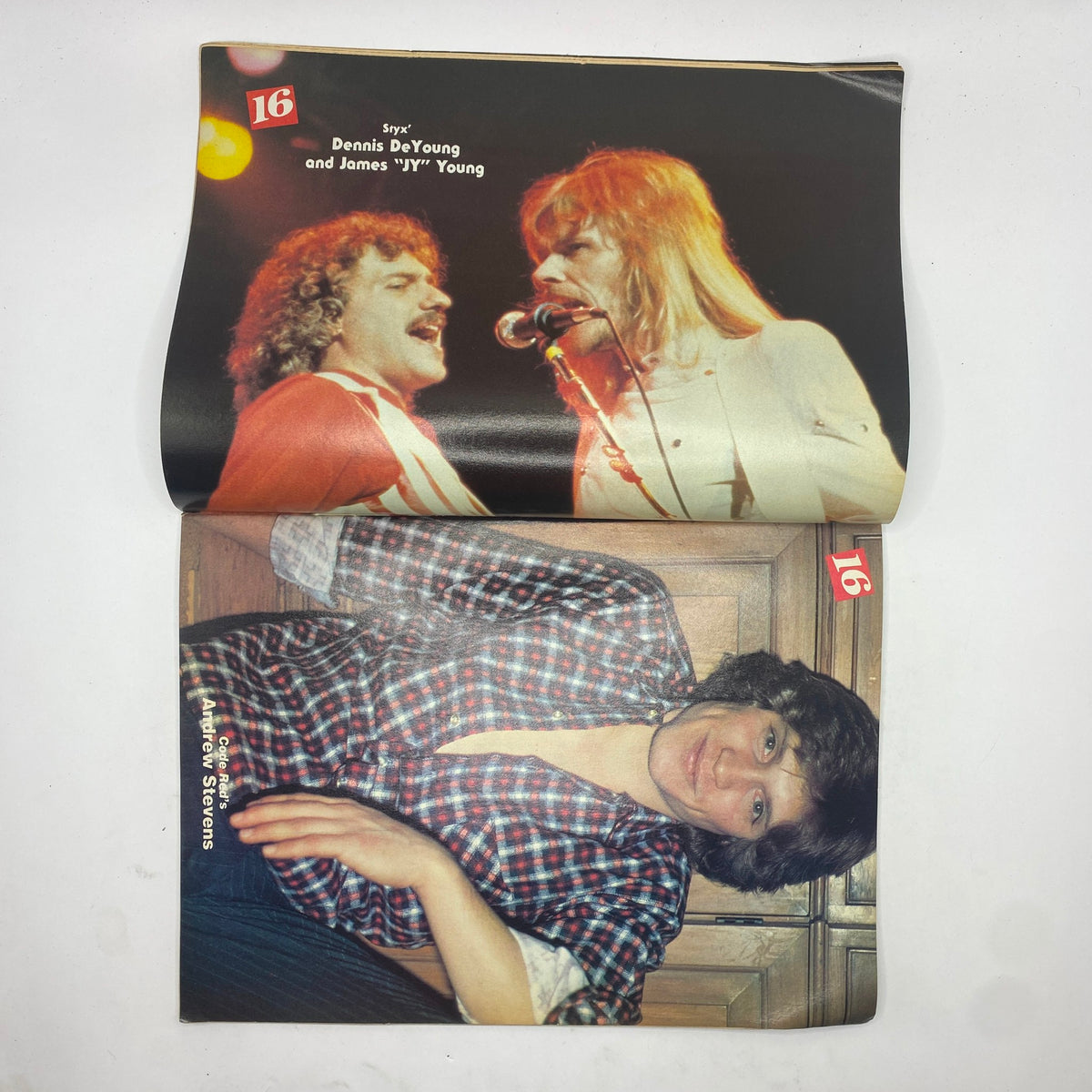 Inside pages of the 16 Magazine March 1982 showcasing images of Dennis DeYoung and James 'JY' Young from Styx and Andrew Stevens, highlighting the vibrancy of 1980s music culture.