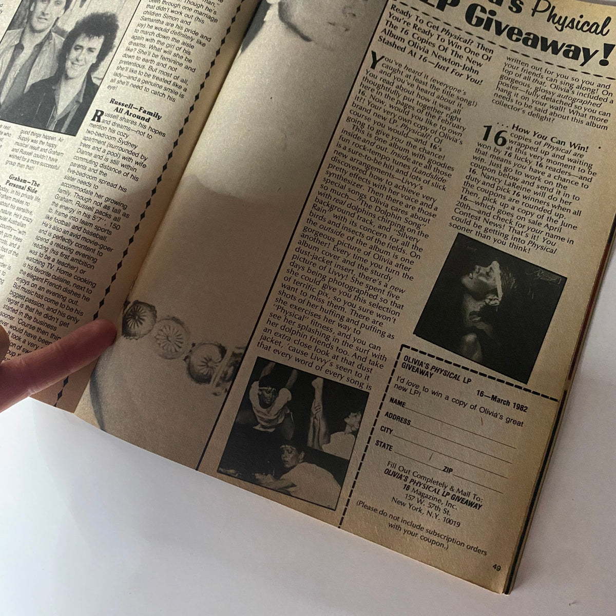 Inside pages of 16 Magazine March 1982 displaying an article with a giveaway contest, highlighting engaging content typical of 1980s pop culture magazines.