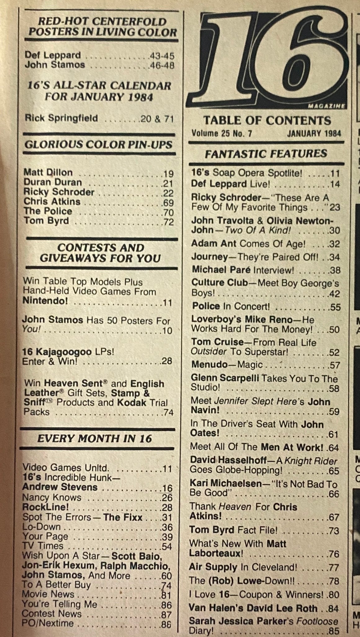 Interior page of 16 Magazine January 1984 displaying the table of contents with featured articles and color pin-ups, including Duran Duran and Matt Dillon.