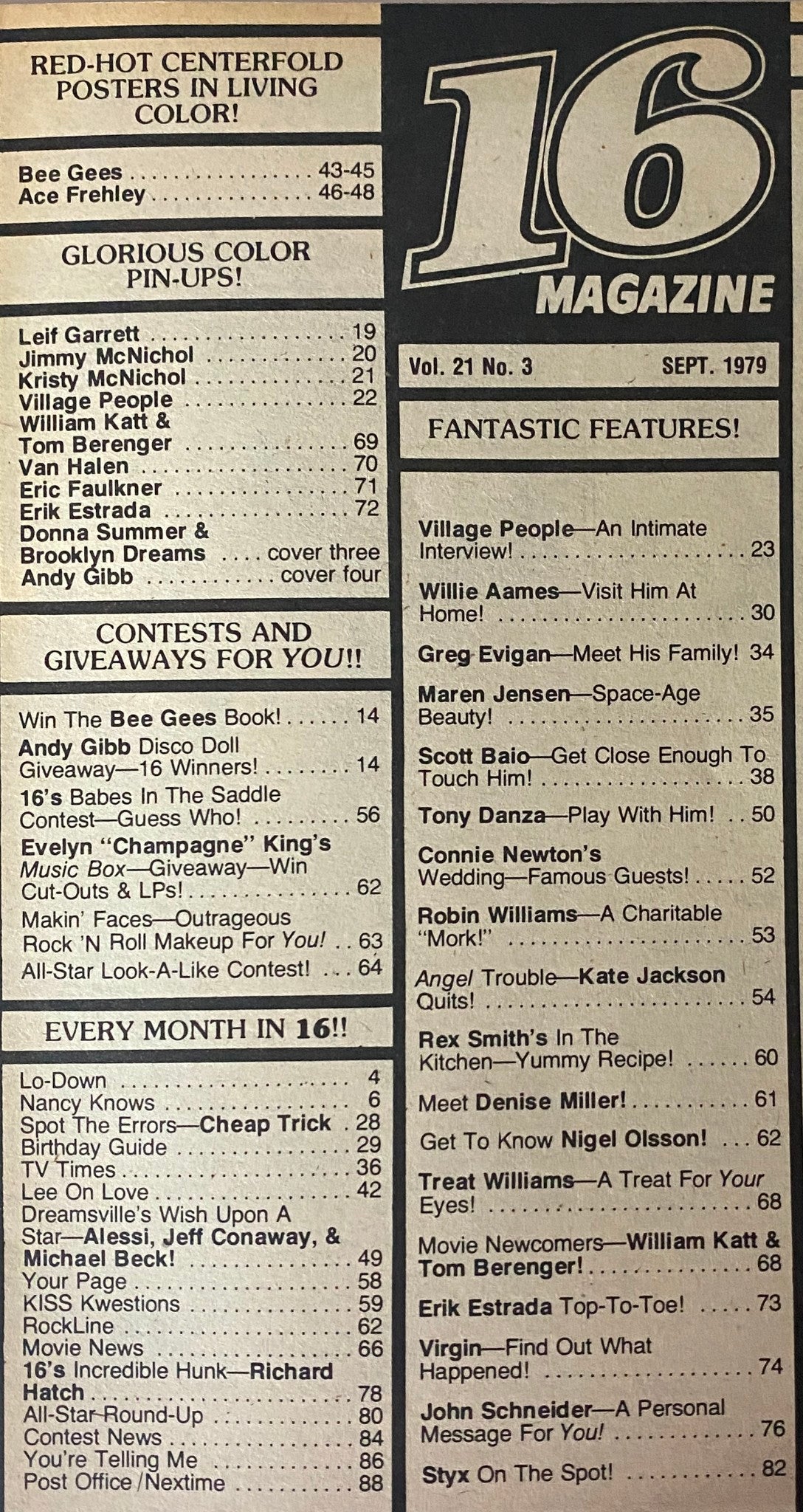 16 Magazine September 1979 contents page featuring red-hot centerfolds and color pin-ups including celebrities like Leif Garrett and Jimmy McNichol.