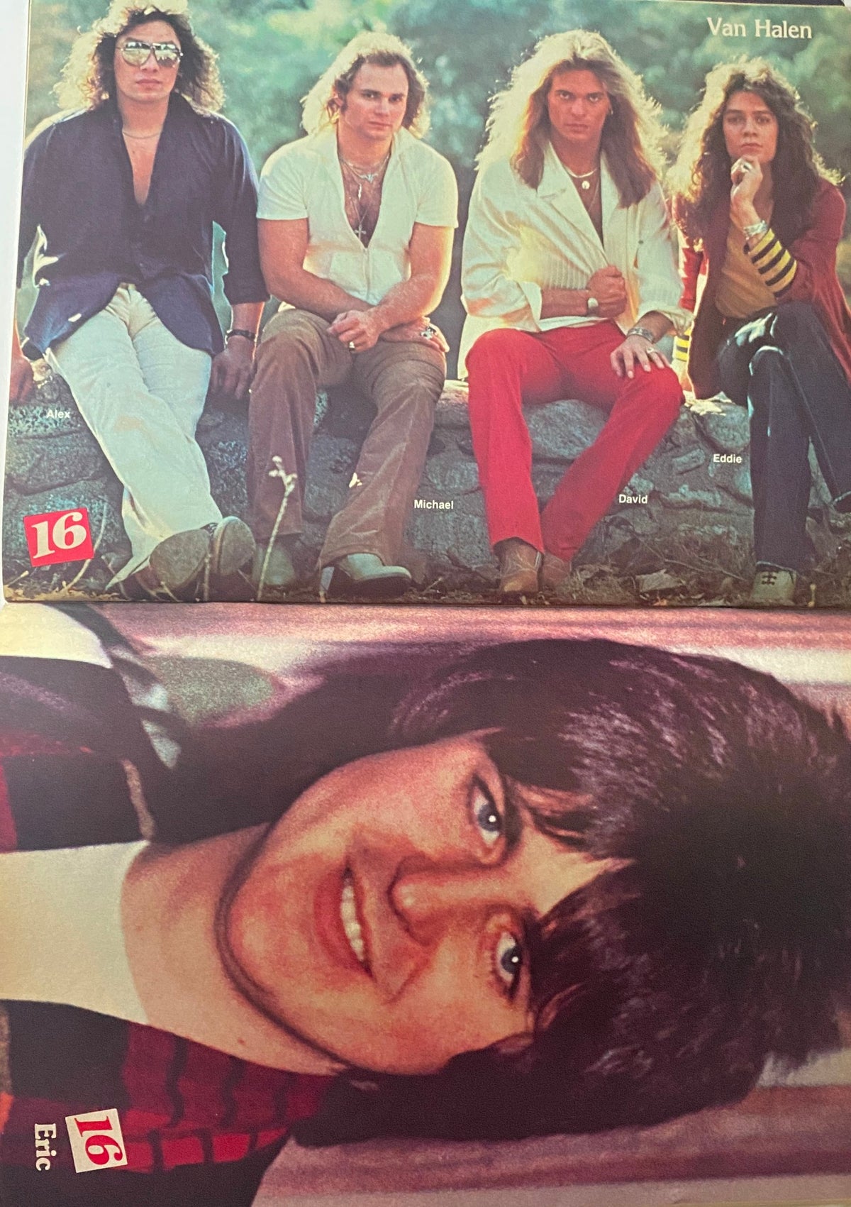 Inside of 16 Magazine September 1979 featuring Van Halen members Alex, Michael, David, and Eddie, showcasing the glam rock era.