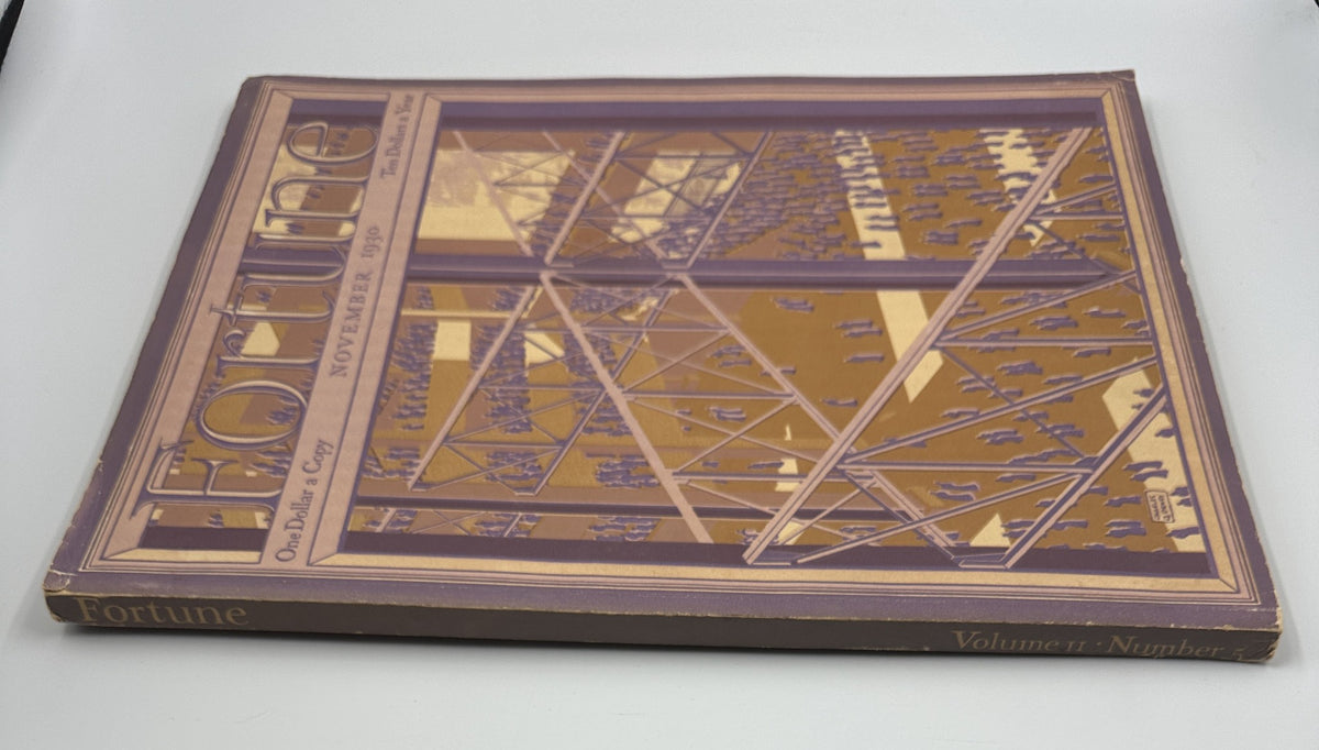 Fortune Magazine November 1930 side view, displaying the iconic cover art with an industrial theme and architectural details.