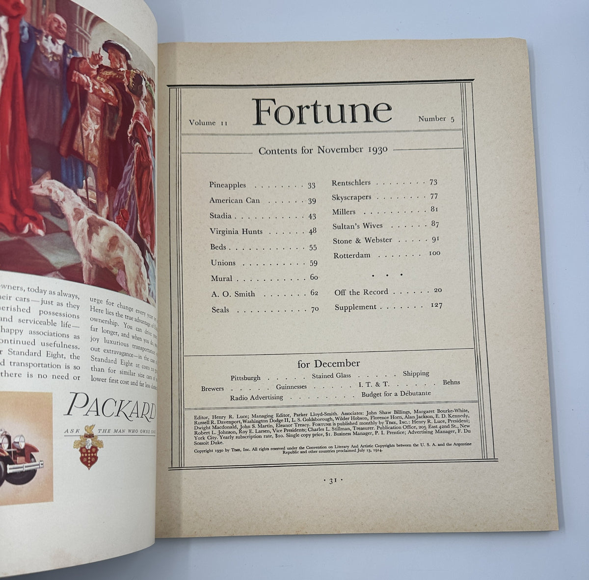 Table of Contents from Fortune Magazine November 1930, featuring articles like 'Pineapples', 'Skyscrapers', and 'Virginia Hunts'.