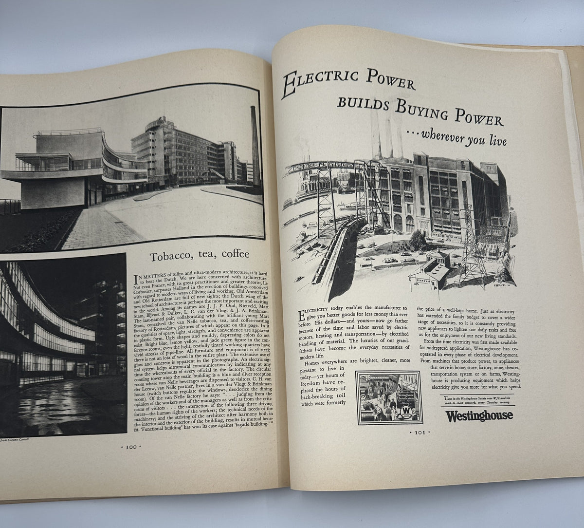 Interior pages of Fortune Magazine November 1930 featuring advertisements for Electric Power and Westinghouse, showcasing architectural designs with a focus on industrial themes.