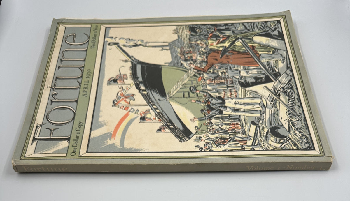 Side view of Fortune Magazine April 1930, illustrating the ocean liner launch scene with vibrant artwork reflecting the era's industrial advancements.