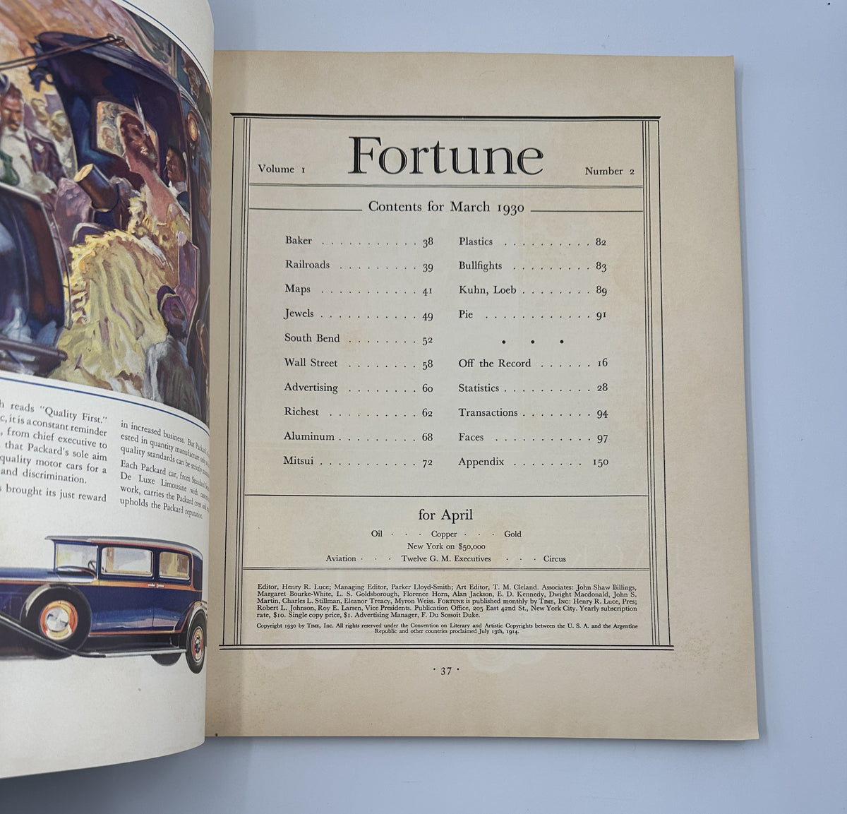 Inside page of Fortune Magazine March 1930 displaying the table of contents, outlining articles about railroads, Wall Street, and more.