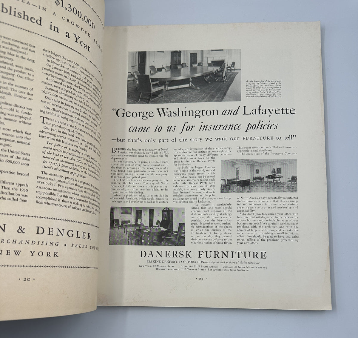 Interior page of the March 1930 Fortune Magazine featuring an advertisement for Danersk Furniture, discussing its historical connection to George Washington and Lafayette.