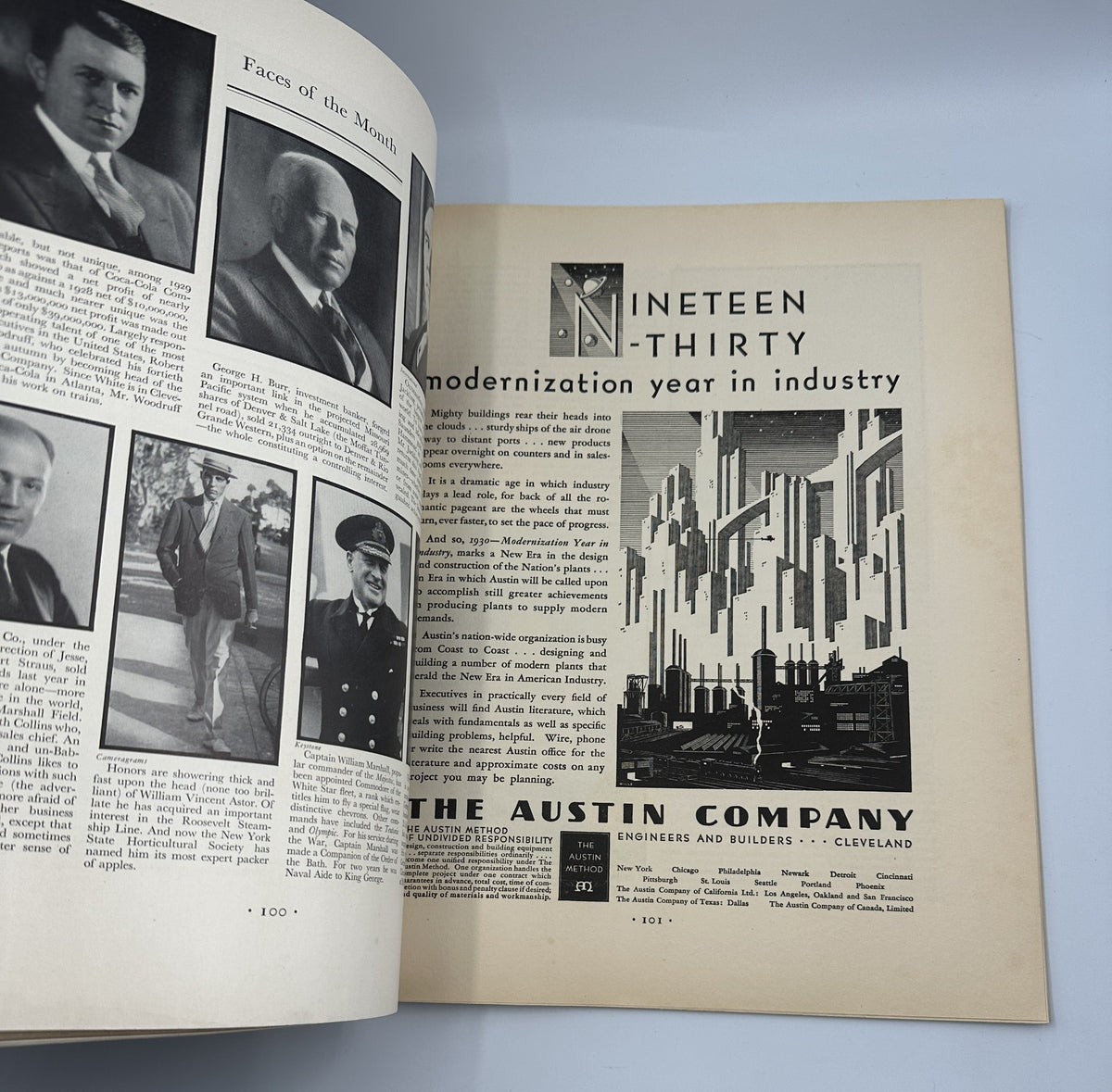 Interior page of March 1930 Fortune Magazine highlighting modern industry with a feature on The Austin Company, including profiles of influential figures.