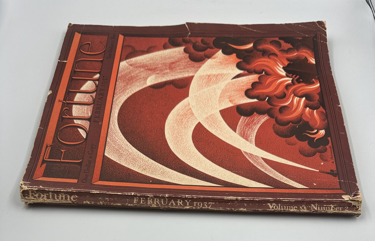 Side view of the February 1937 Fortune Magazine, showcasing the cover art by Antonio Petrucelli with fire arches. The magazine exhibits signs of wear typical of vintage publications, making it a unique addition to any collection.