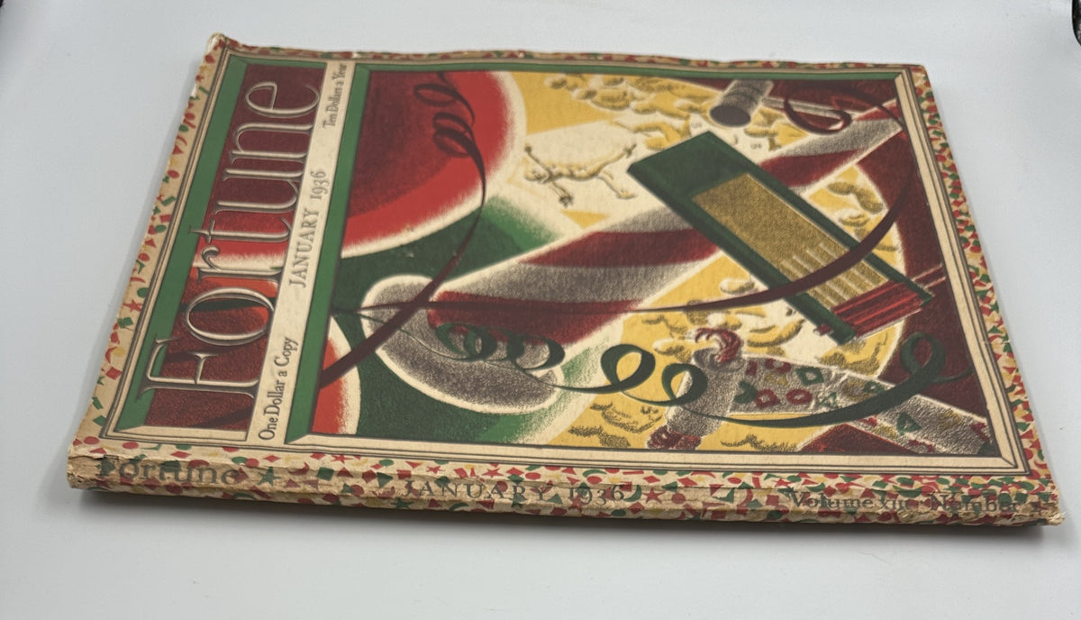 Side view of Fortune Magazine January 1936 showcasing its colorful cover and worn edges, highlighting its vintage condition. Title: Fortune Magazine January 1936 Florida Miami Gold Brookings Nrman Reeves.