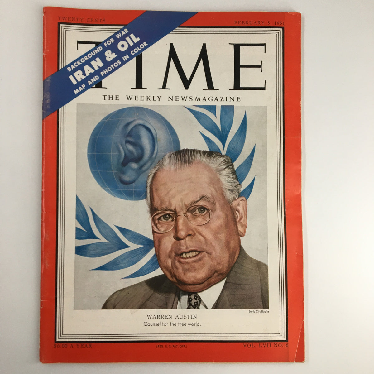 Vintage Time Magazine February 5 1951 featuring Warren Austin on the cover, highlighting historical events from the early 1950s.