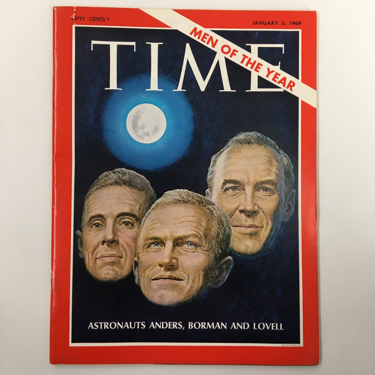 Cover of VTG Time Magazine from January 3, 1969, featuring astronauts Anders, Borman, and Lovell with the title 'Men of the Year' and a moon backdrop.