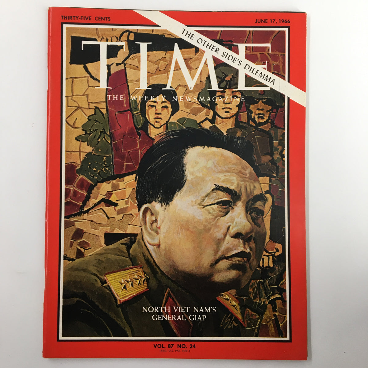 Cover of the VTG Time Magazine from June 17, 1966, featuring North Vietnam's General Giap, highlighting the military leader against a vibrant background and showcasing key historical themes.