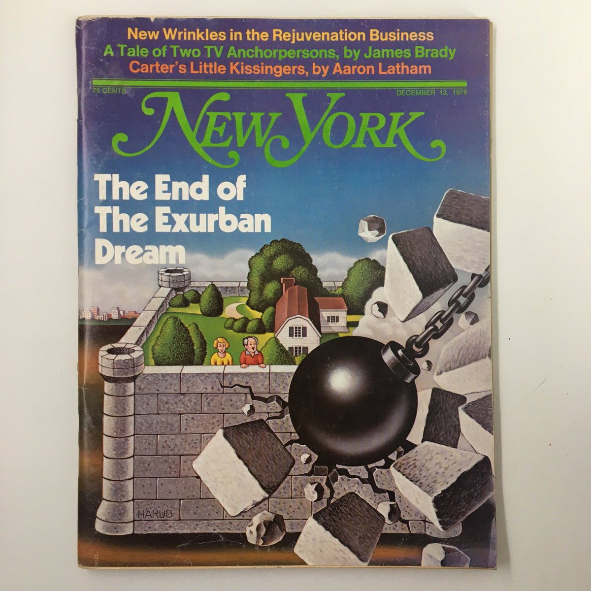 VTG New York Magazine cover from December 13, 1976, featuring the title 'The End of The Exurban Dream' with a striking illustration of suburban life and a chain ball breaking through a wall, symbolizing change.