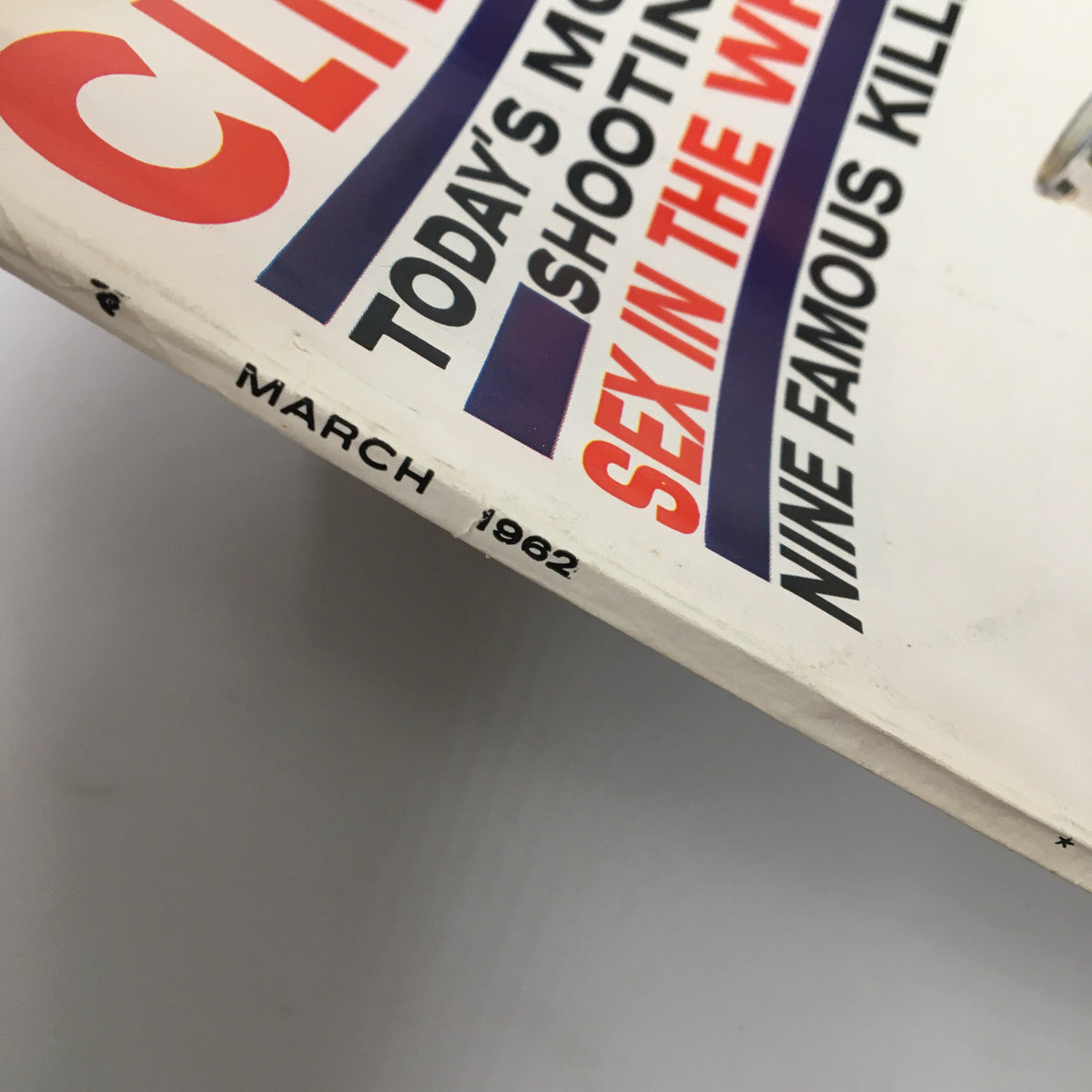 Side view of VTG Climx Magazine March 1962 showing the date 'March 1962' printed on the spine, emphasizing its vintage appeal.