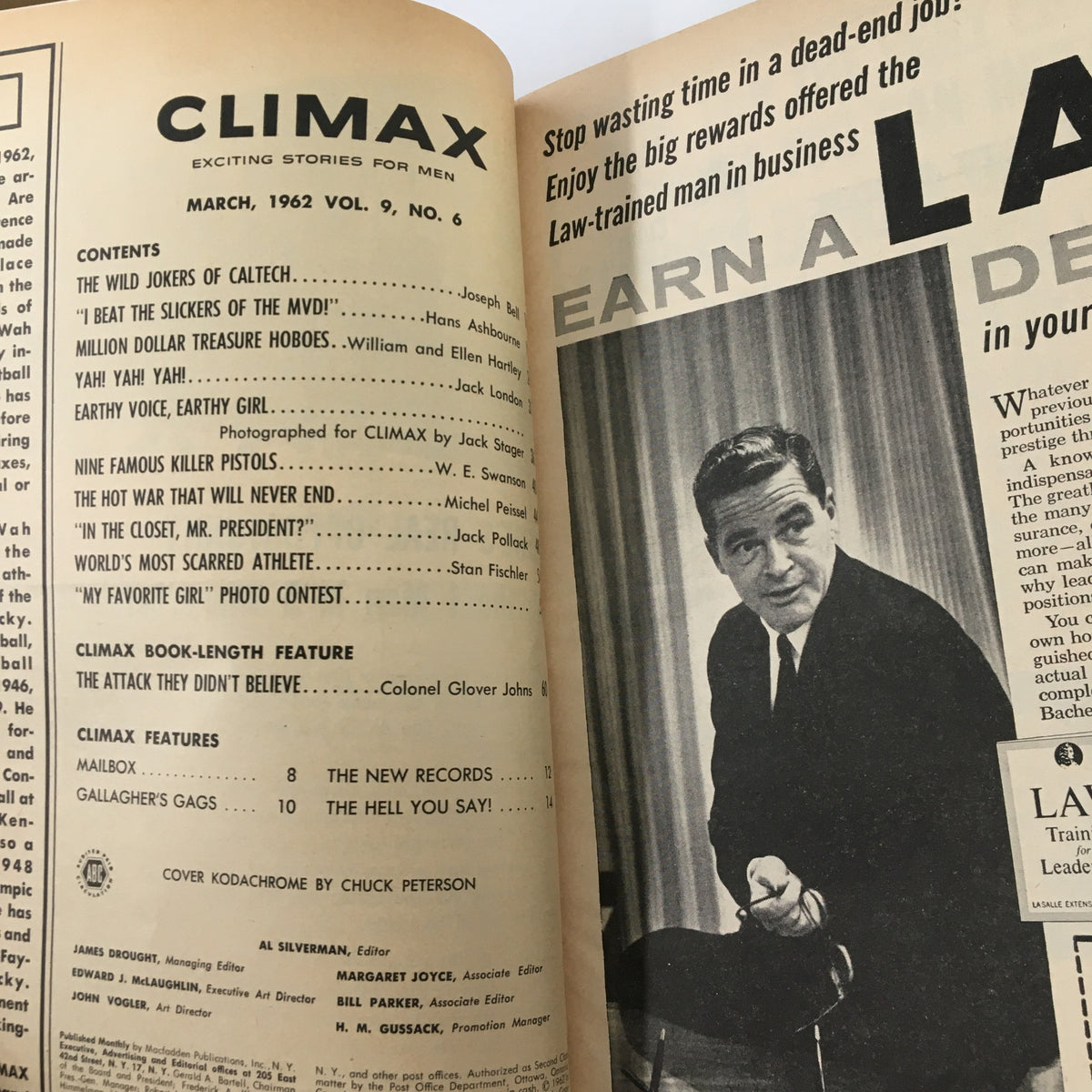 Inside page of VTG Climx Magazine March 1962 displaying the table of contents, highlighting various articles including 'Treasure Hoboes of the Deep' and featured stories.