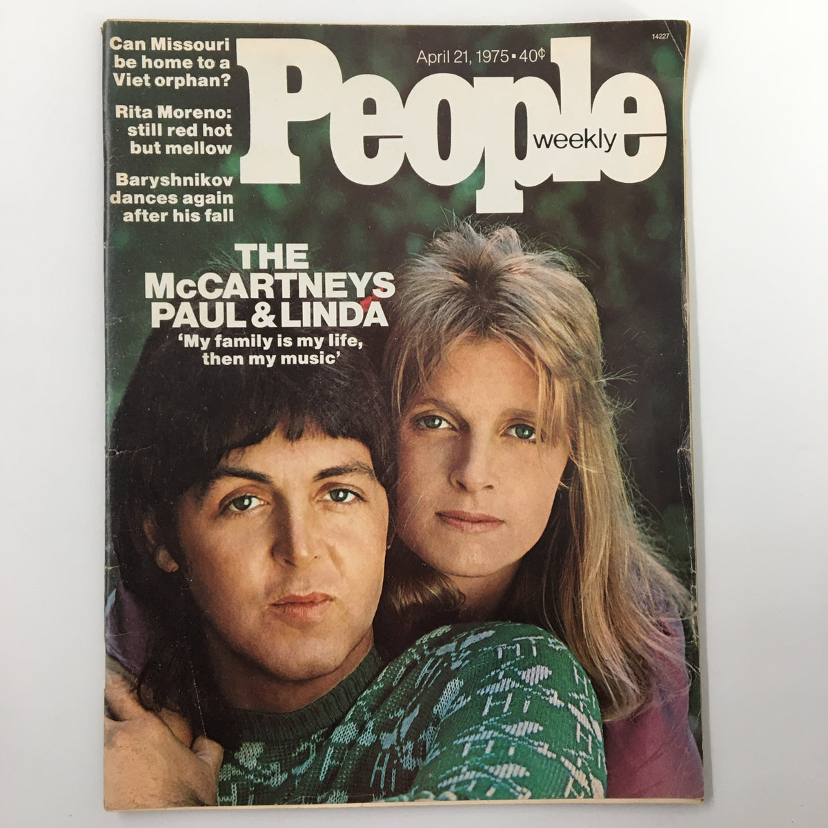 Cover of People Weekly Magazine from April 21, 1975 featuring The McCartneys Paul and Linda. The cover prominently displays their names with the tagline 'My family is my life, then my music.' A vintage magazine cherished by music lovers and collectors.