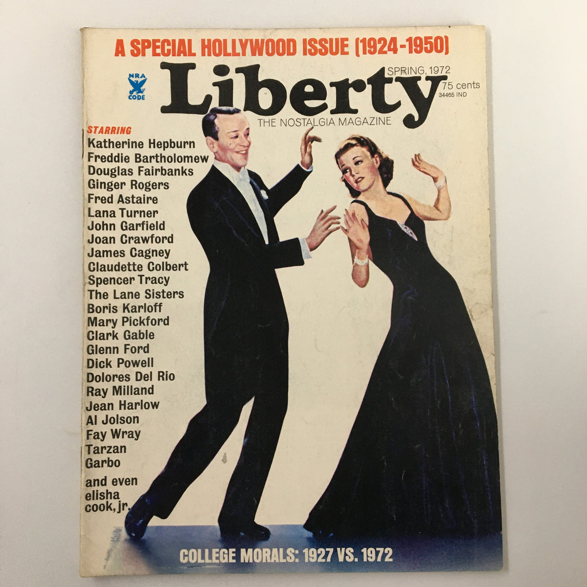VTG Liberty Magazine Spring 1972 cover featuring Katherine Hepburn and Freddie Bartholomew in elegant attire, highlighting classic Hollywood nostalgia.