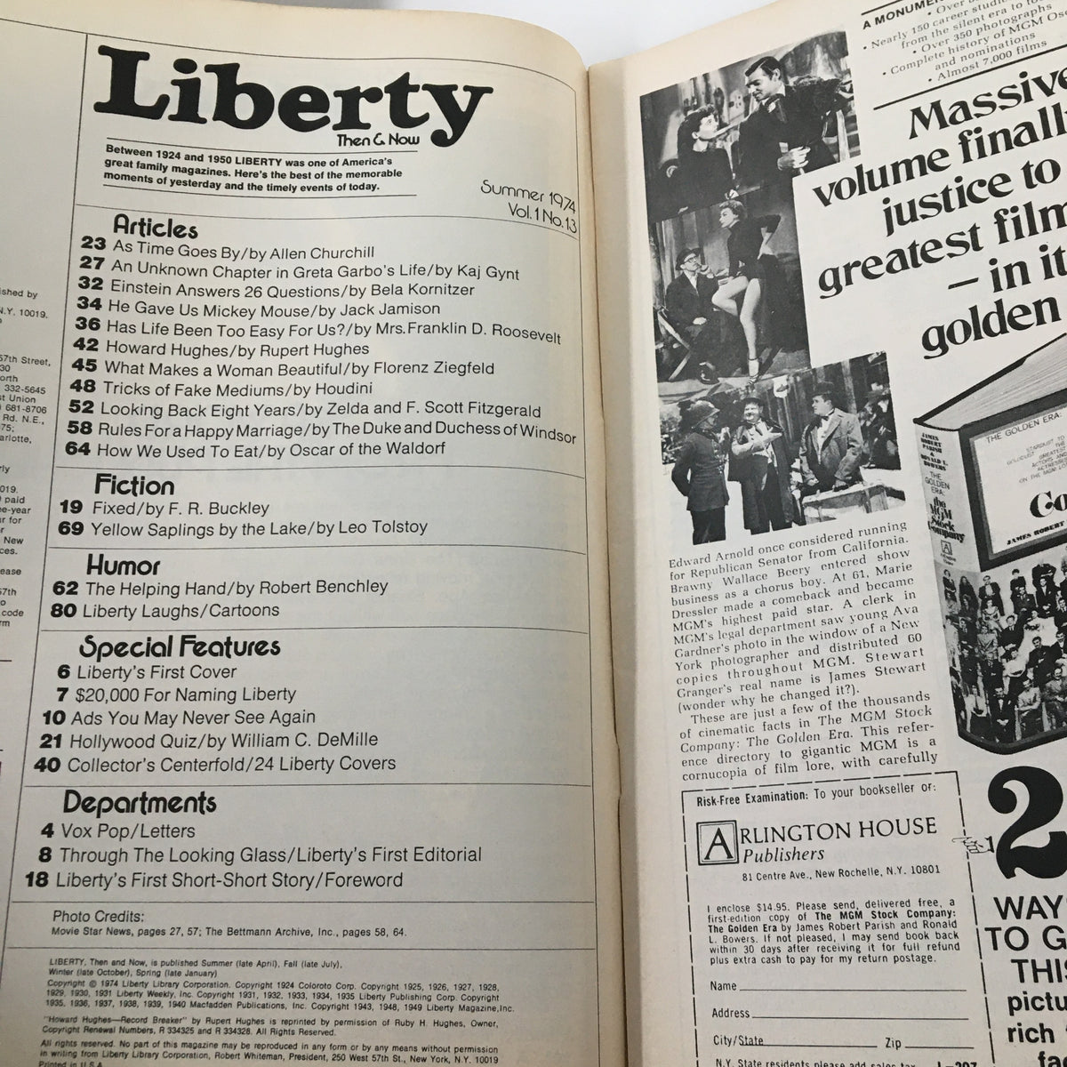 Interior view of VTG Liberty Magazine Summer 1974, featuring table of contents and articles related to classic cinema and cultural insights, including features on Greta Garbo and other historical topics.