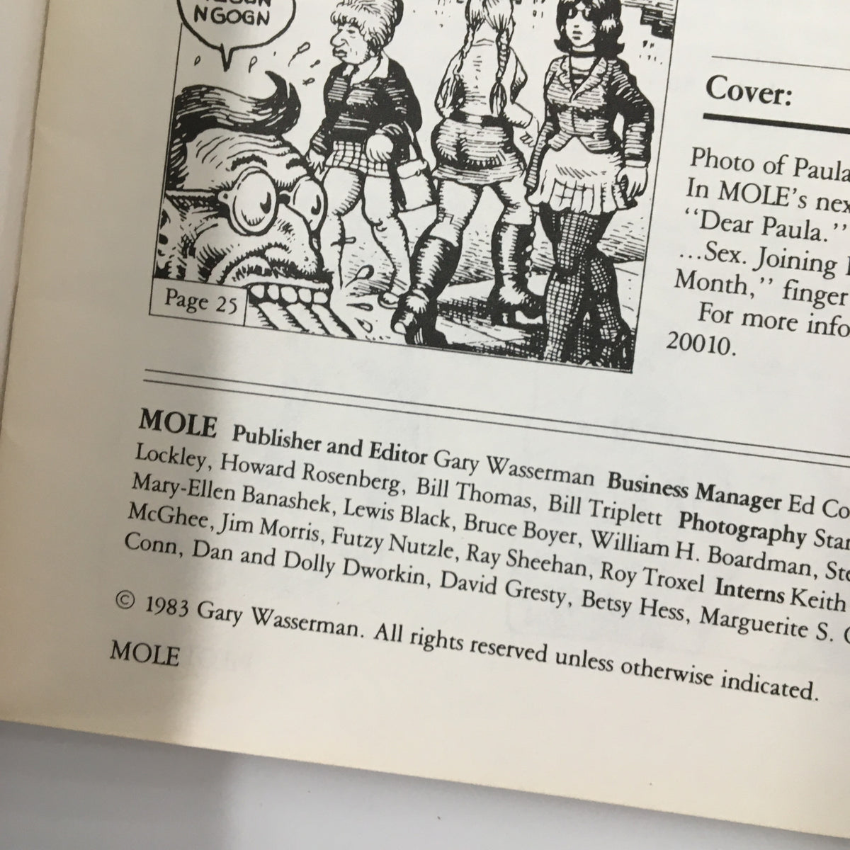 Another contents page of VTG Mole Magazine 1983 Pilot Issue, showcasing a cartoon illustration and a reference to Paula Parkinson's photo. This issue offers insights into humor and cultural commentary of the time.