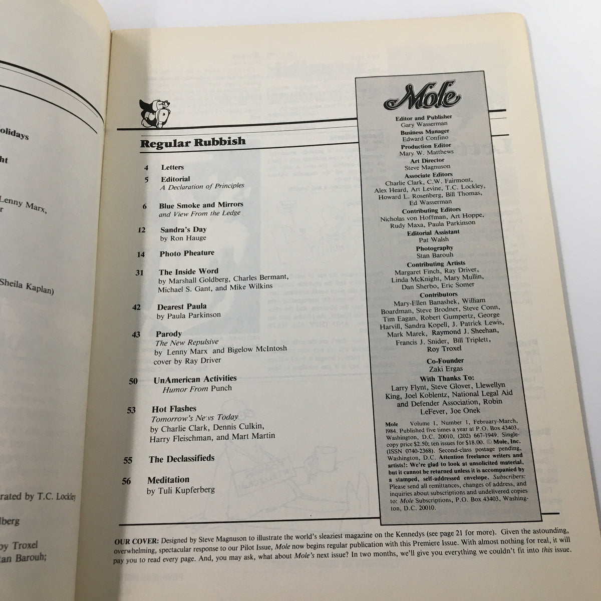 Interior page of Mole Magazine March 1984 featuring the contents list and editorial credits, highlighting articles and contributors related to notable figures such as Ted Kennedy and Jackie Kennedy.