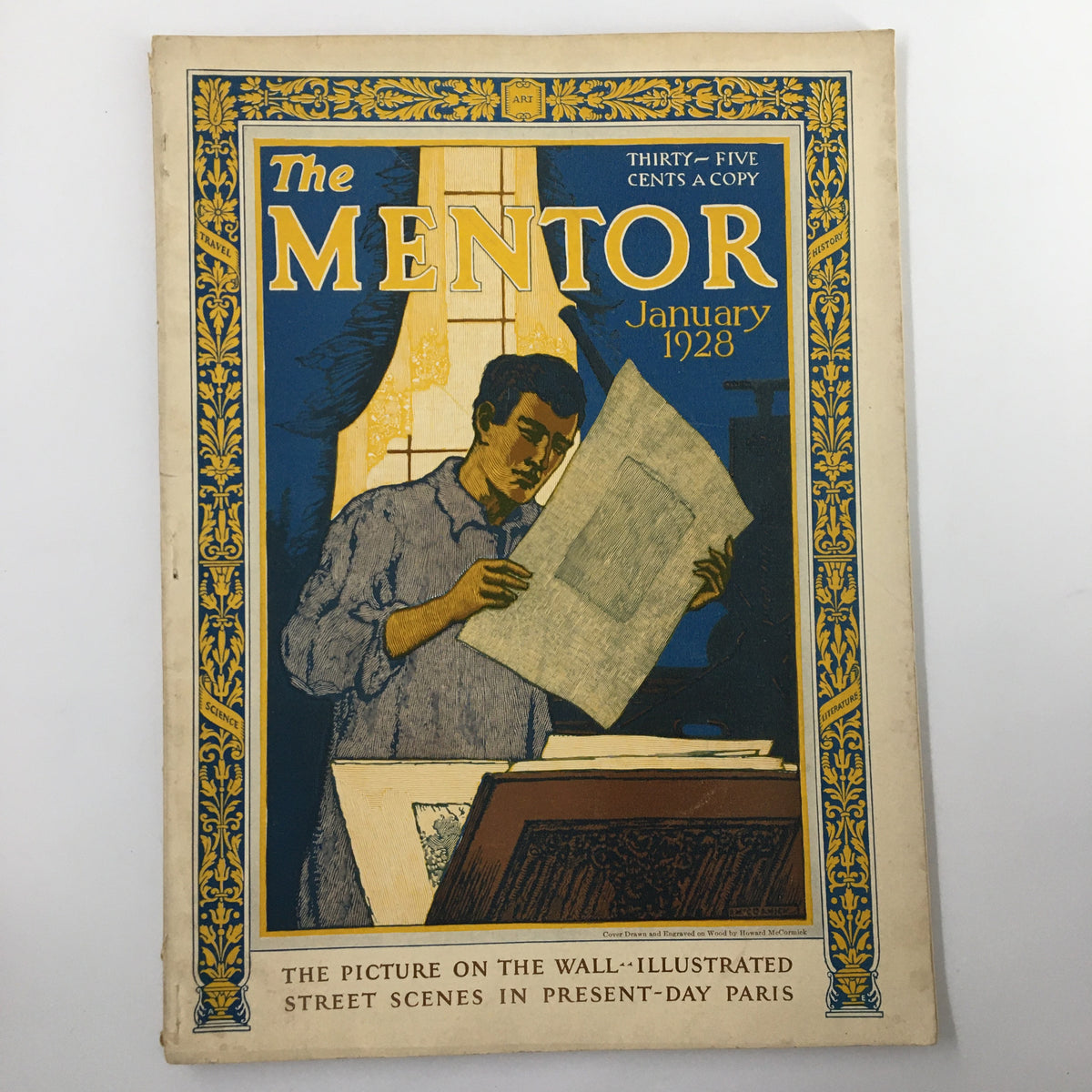 Cover of VTG The Mentor Magazine January 1928 featuring 'The Picture on the Wall'. The illustration showcases a man examining artwork, representing street scenes in present-day Paris.