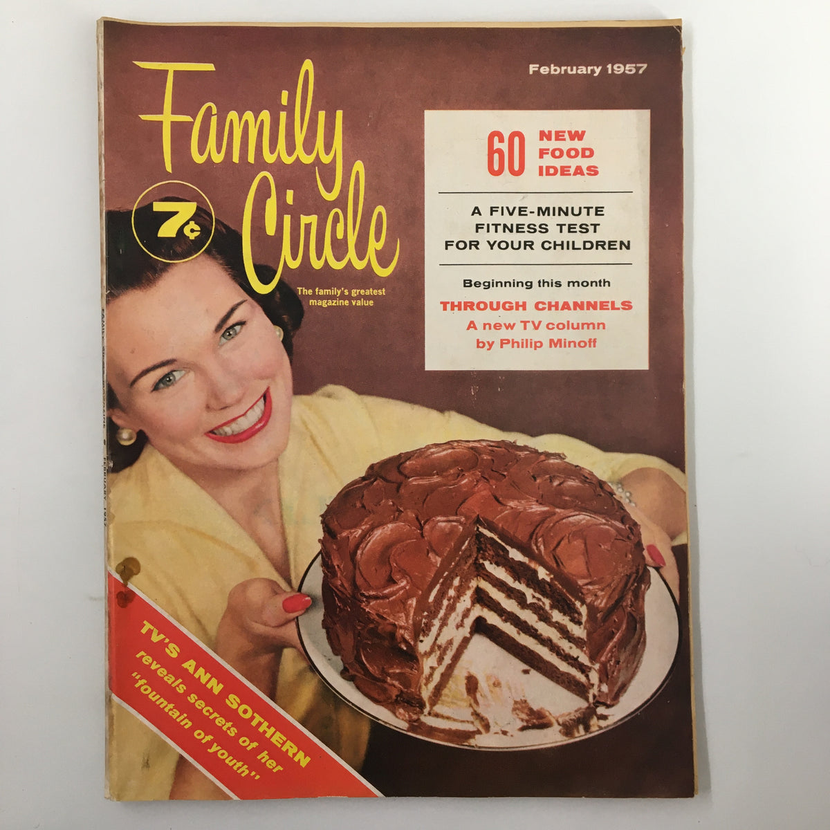 VTG Family Circle Magazine February 1957 featuring TV star Ann Sothern on the cover, showcasing mid-20th century family life and including a chocolate cake on the cover.